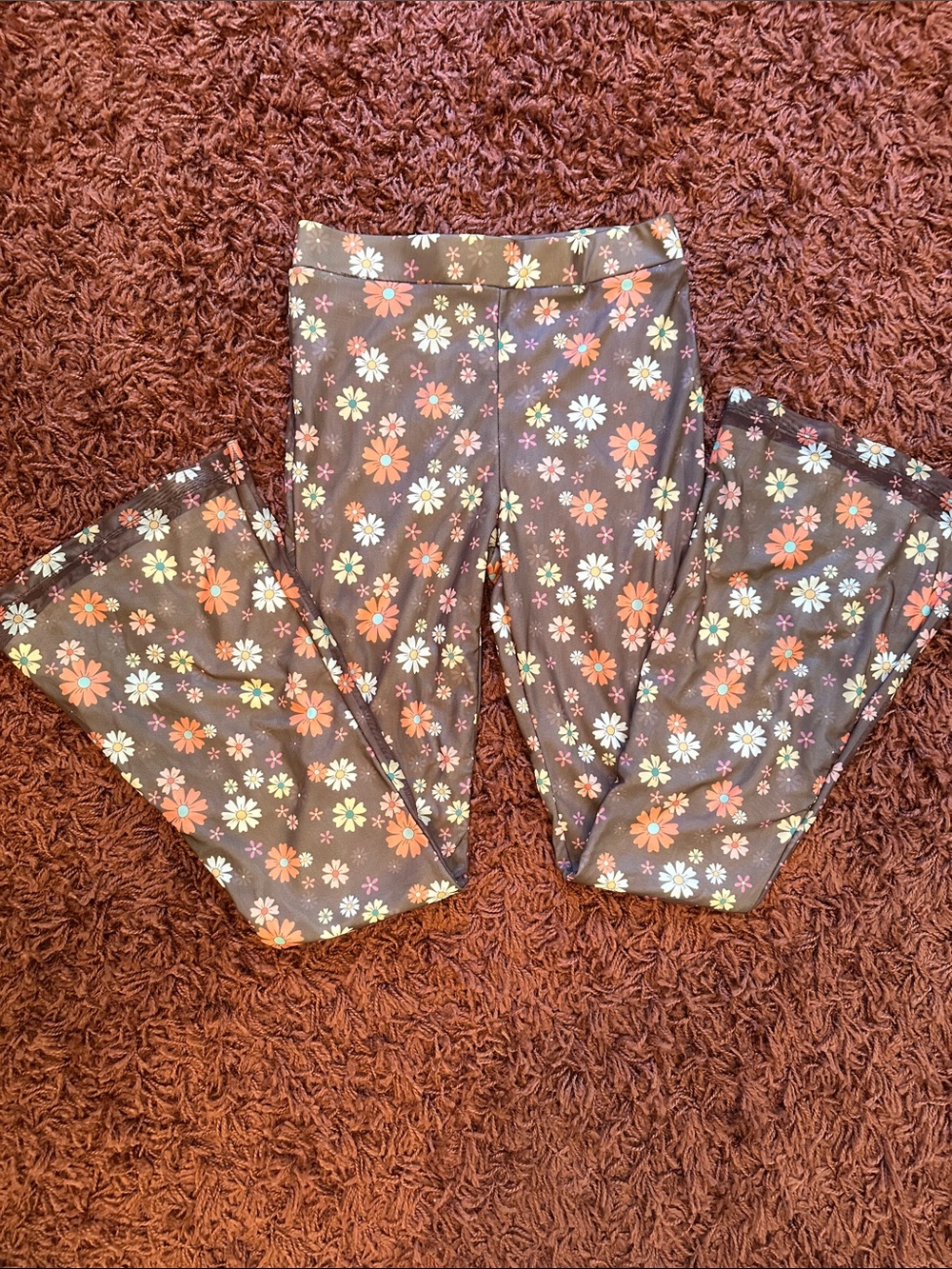 Floral Boot Cut Women's Pants in Brown and Orange